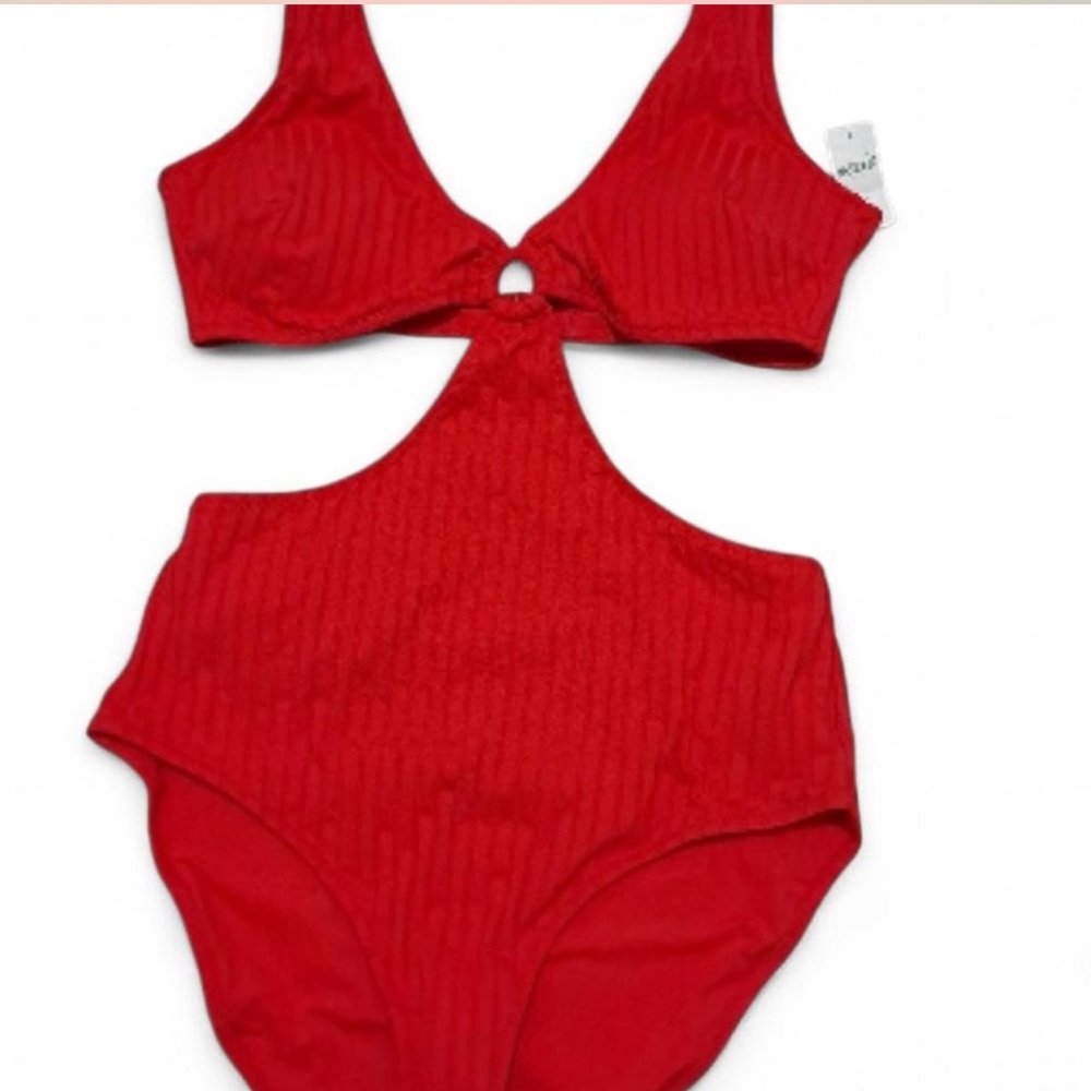 NWT Aerie Red Women's One Piece wide rib cut out Swimsuit - Picture 4 of 7